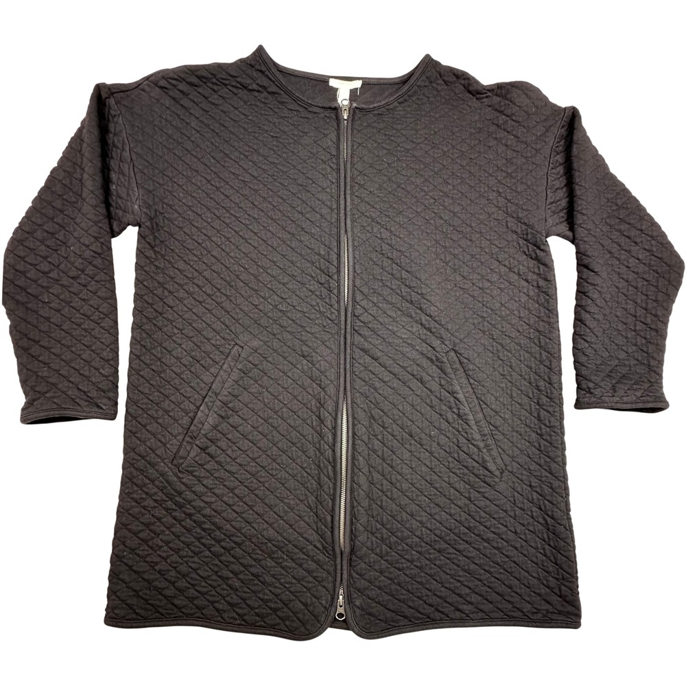 Eileen Fisher Women Black Organic Cotton Knit Quilted Two-Way Zip Jacket L